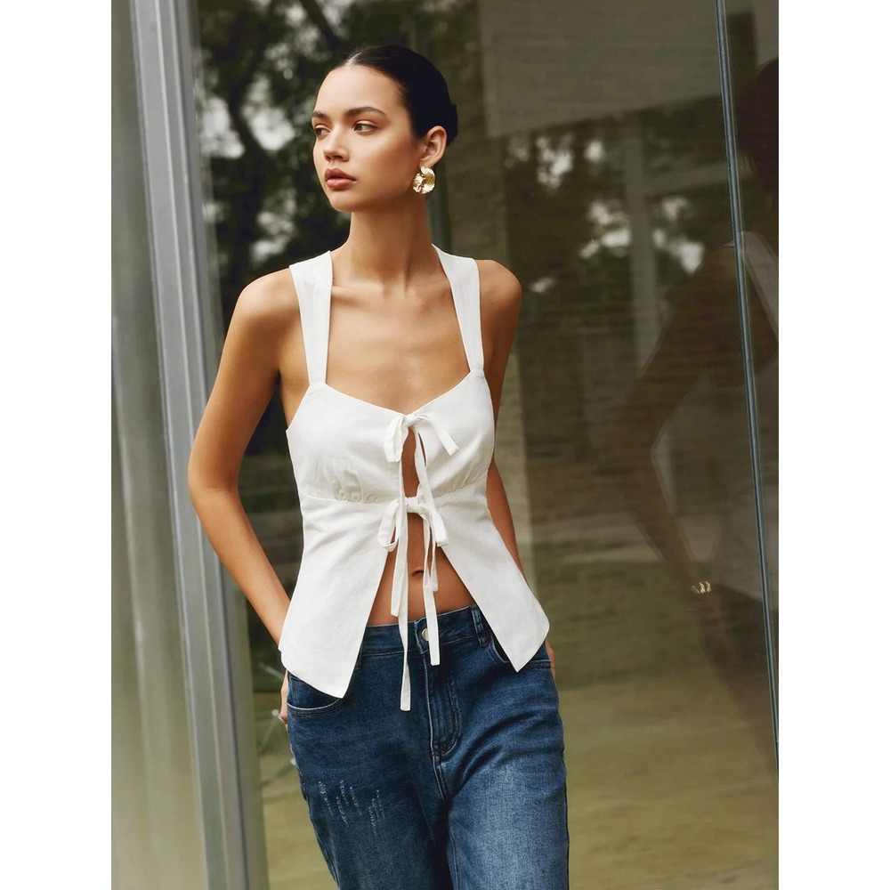 Commense Cotton & Linen‎ Knotted Bow Detail Strappy Top Size Small